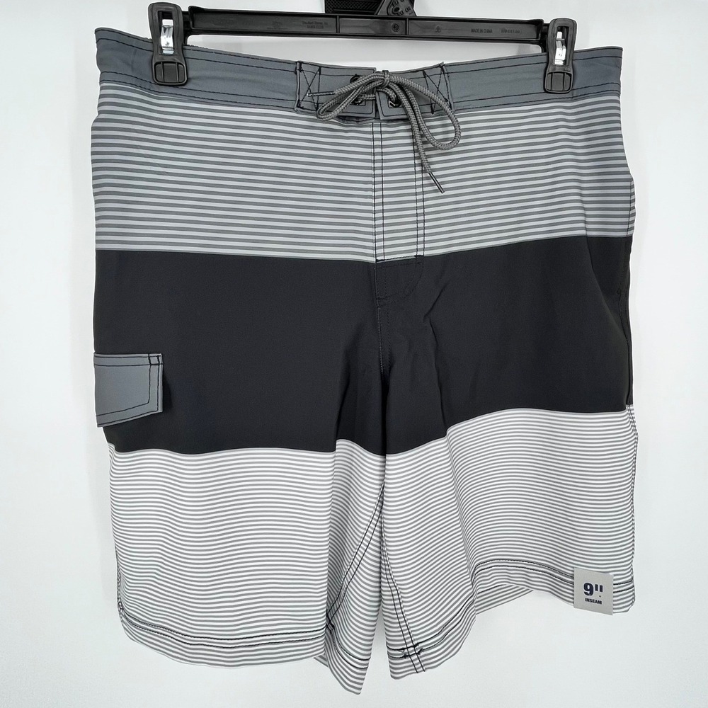 George Board Shorts Mens Medium Gray Black Striped 9" Inseam Eboard Trunk NEW
